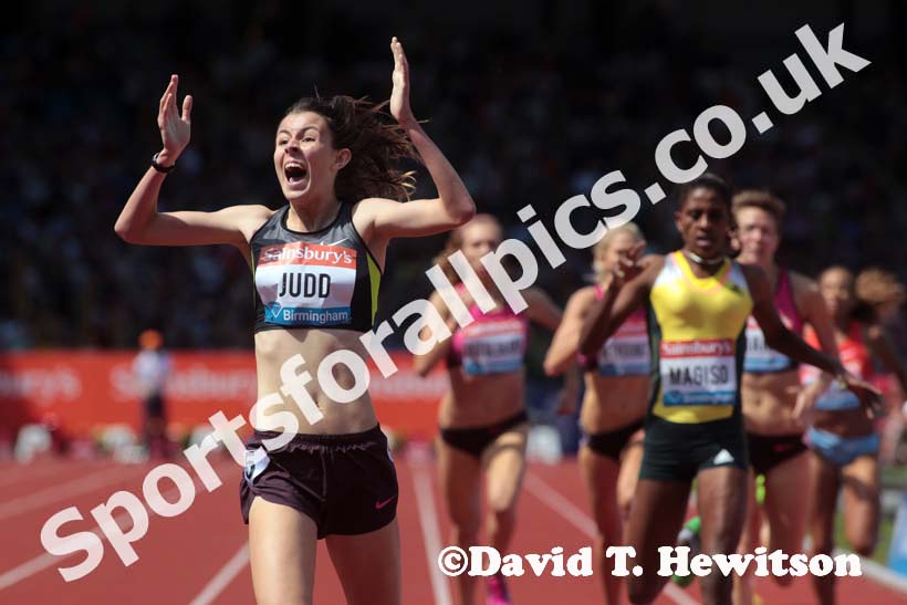 Jessica judd wins the 800 metres in the IAAF Diamond League, Birmingham.